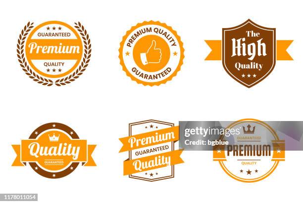 set of "quality" orange badges and labels - design elements - circle shield logo stock illustrations