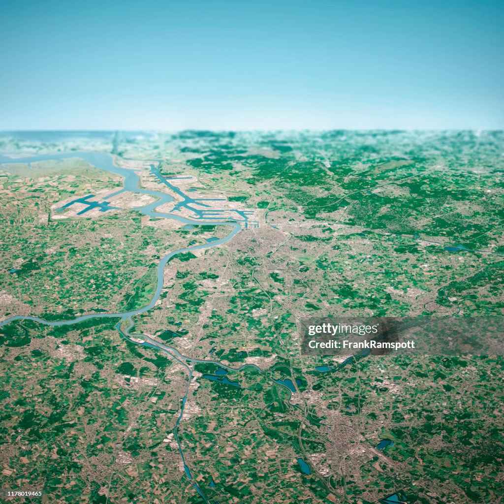 Antwerpen City 3D Render Aerial Horizon View desde el sur de agosto de 2019