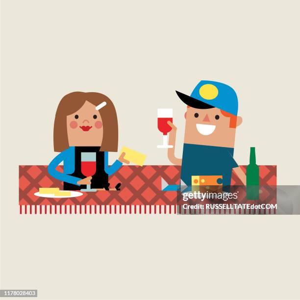 ilustraciones, imágenes clip art, dibujos animados e iconos de stock de tiempo de picnic - familia comiendo