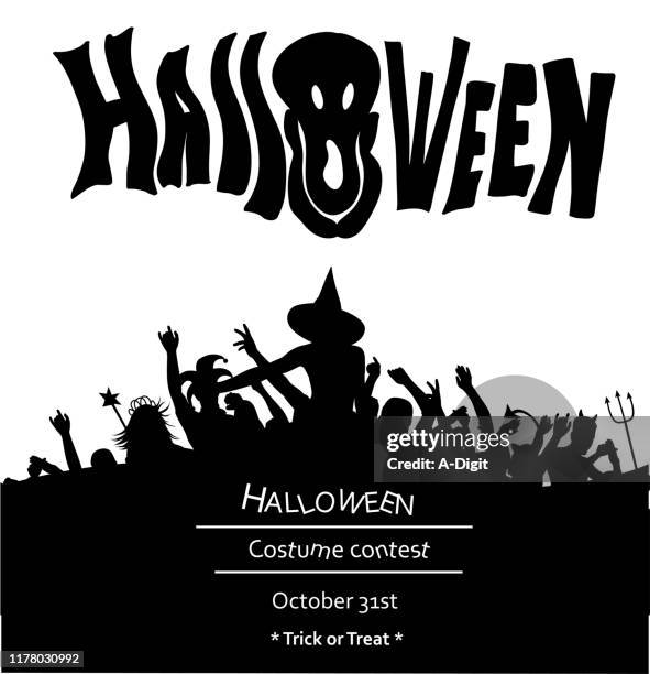 ilustraciones, imágenes clip art, dibujos animados e iconos de stock de halloween adult party witch crowd - concurso