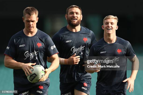 Jared Waerea-Hargreaves of the Roosters runs during a Sydney Roosters NRL training session at the Sydney Cricket Ground on September 30, 2019 in...