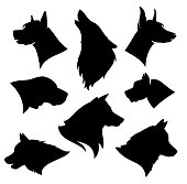 dog breeds vector silhouette set - black canine heads variety