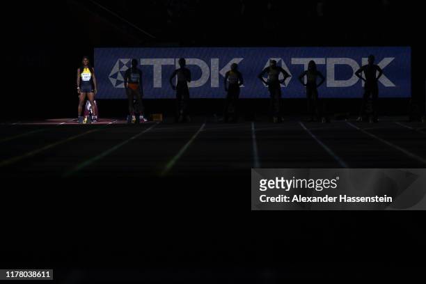 Dina Asher-Smith of Great Britain competes in the Women's 100 Metres final during day three of 17th IAAF World Athletics Championships Doha 2019 at...