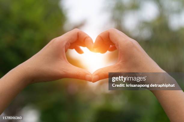 female hands in the form of heart against the sky pass sun beams. hands in shape of love heart - hands sun stock-fotos und bilder