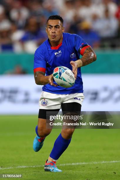 Tusi Pisi of Samoa runs with the ball during the Rugby World Cup 2019 Group A game between Scotland and Samoa at Kobe Misaki Stadium on September 30,...