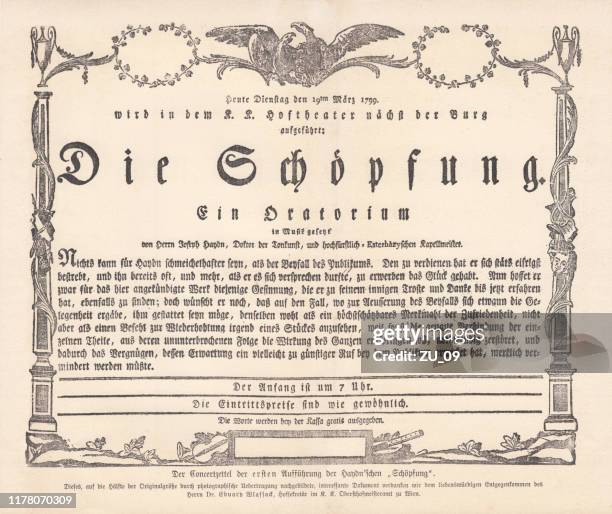 premiere poster of "the creation" by haydn, 1799, vienna, facsimile - austria poster stock illustrations