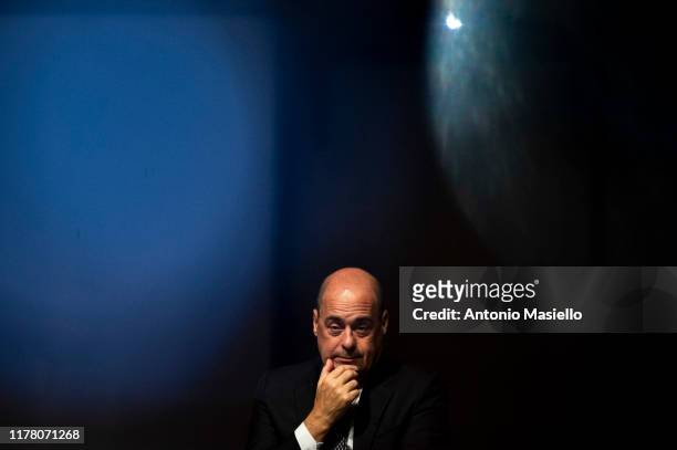 General Secretary of Democratic Party Nicola Zingaretti attends the press conference to present the budget maneuver, on October 25, 2019 in Narni,...