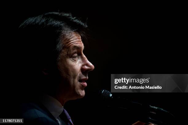 Italian Prime Minister Giuseppe Conte delivers his speech during the press conference to present the budget maneuver, on October 25, 2019 in Narni,...