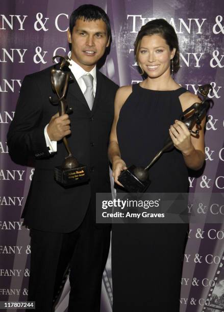 Adam Beach and Jessica Biel during 18th International Palm Springs Film Festival Awards Gala - Backstage at Palm Springs Convention Center in Palm...