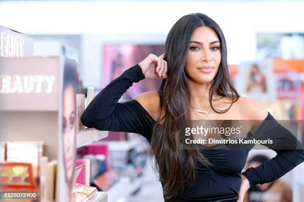 Kim Kardashian attends KKW Beauty launch at ULTA Beauty on October 24, 2019 in New York City.