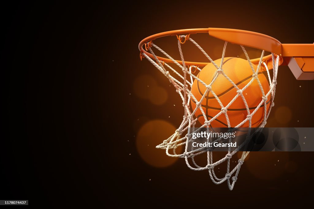 Basketball Rendering 3d Rendering Of A Basketball In The Net On A Dark Background High-Res ...