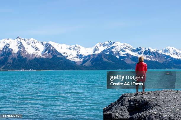 woman looking at fjord and mountain range. - seward alaska stock pictures, royalty-free photos & images
