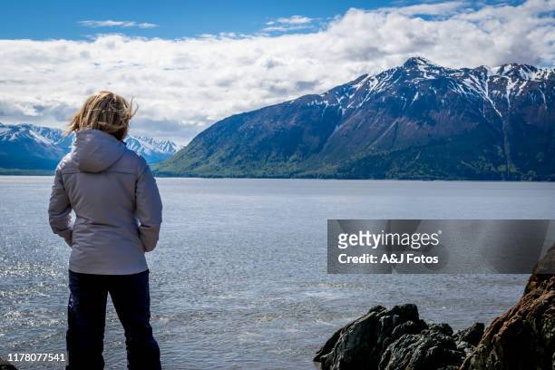 donna che guarda fiordo e catena montuosa. - anchorage foto e immagini stock