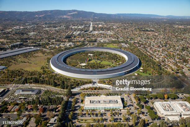 The Apple Park campus stands in this aerial photograph taken above Cupertino, California, U.S., on Wednesday, Oct. 23, 2019. Apple Inc. Will report...