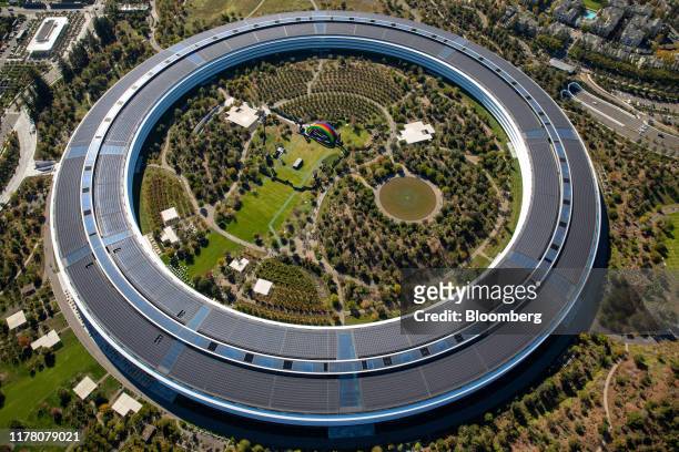The Apple Park campus stands in this aerial photograph taken above Cupertino, California, U.S., on Wednesday, Oct. 23, 2019. Apple Inc. Will report...