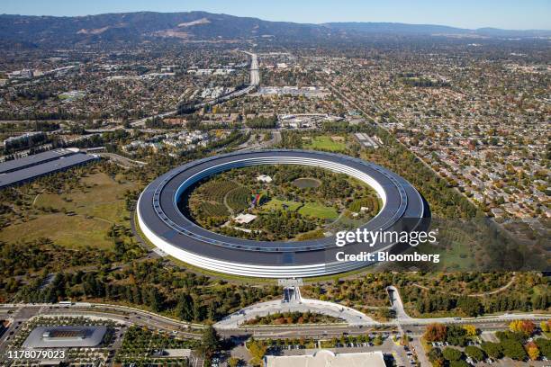 The Apple Park campus stands in this aerial photograph taken above Cupertino, California, U.S., on Wednesday, Oct. 23, 2019. Apple Inc. Will report...