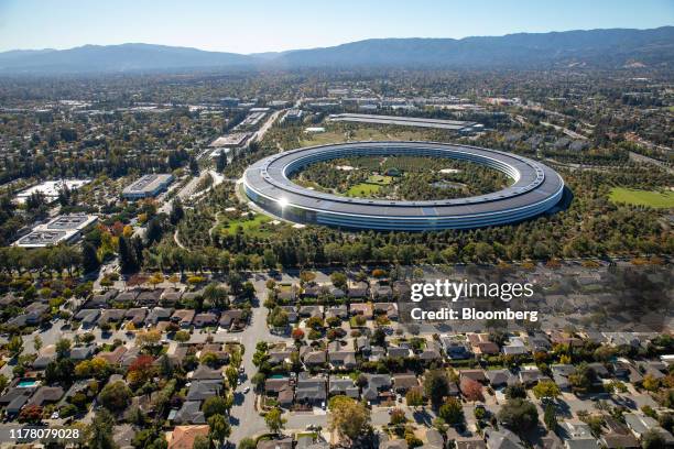 The Apple Park campus stands in this aerial photograph taken above Cupertino, California, U.S., on Wednesday, Oct. 23, 2019. Apple Inc. Will report...