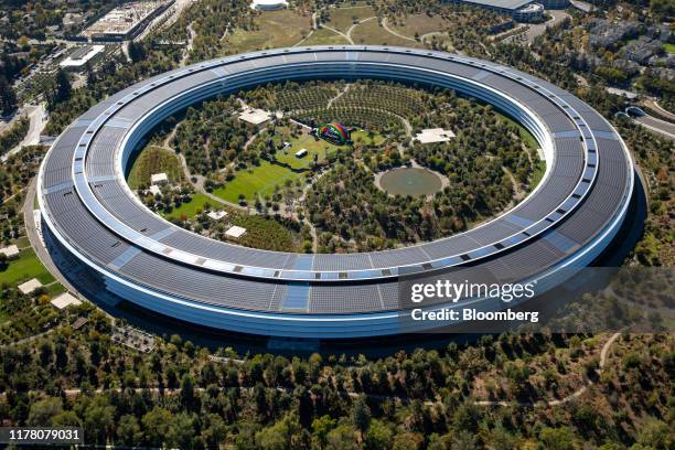 The Apple Park campus stands in this aerial photograph taken above Cupertino, California, U.S., on Wednesday, Oct. 23, 2019. Apple Inc. Will report...