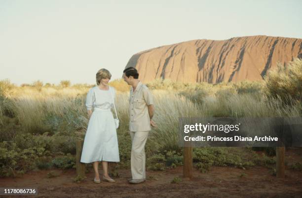 Prince Charles and Diana, Princess of Wales visit Uluru or Ayers Rock in Australia, March 1983.