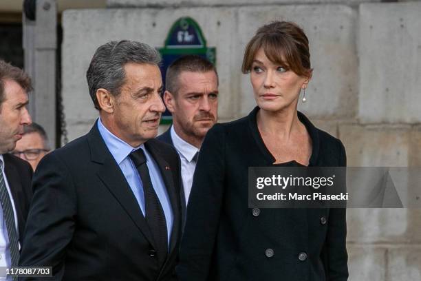 Former French President Nicolas Sarkozy and wife Carla Bruni Sarkozy attend former french President Jacques Chirac's funerals at Eglise Saint-Sulpice...
