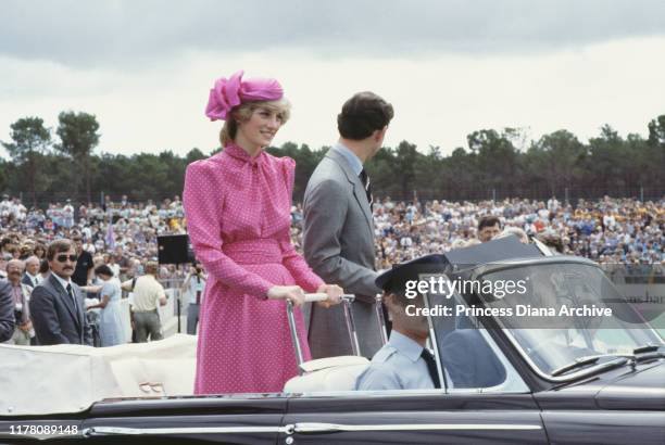 Prince Charles and Diana, Princess of Wales at the Perth Hockey Stadium in Bentley, Perth, Western Australia, 7th April 1983. Diana is wearing a pink...