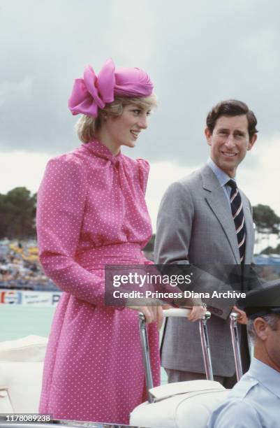 Prince Charles and Diana, Princess of Wales at the Perth Hockey Stadium in Bentley, Perth, Western Australia, 7th April 1983. Diana is wearing a pink...