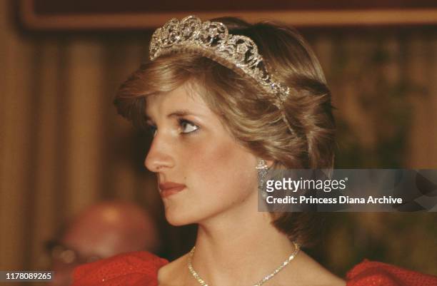 Diana, Princess of Wales at a state reception in Hobart, Tasmania, April 1983. She is wearing the Spencer family tiara and pearl and diamond earrings...