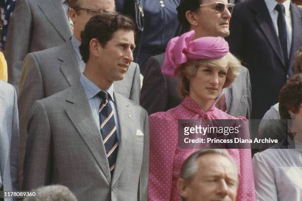 Prince Charles and Diana, Princess of Wales at the Perth Hockey Stadium in Bentley, Perth, Western Australia, 7th April 1983. Diana is wearing a pink...