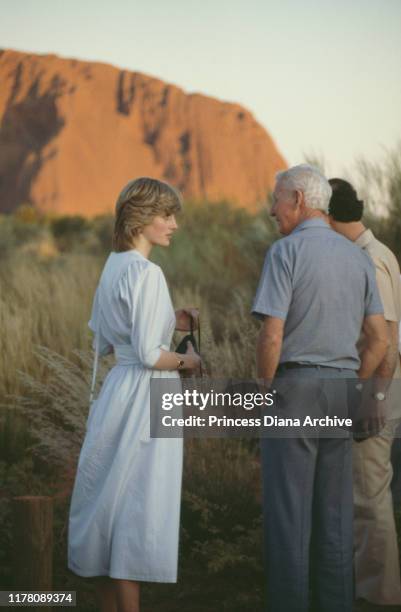 Prince Charles and Diana, Princess of Wales visit Uluru or Ayers Rock in Australia, March 1983.