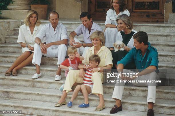 Diana, Princess of Wales and Prince Charles and their sons William and Harry on holiday with the Spanish royal family at the Marivent Palace in Palma...