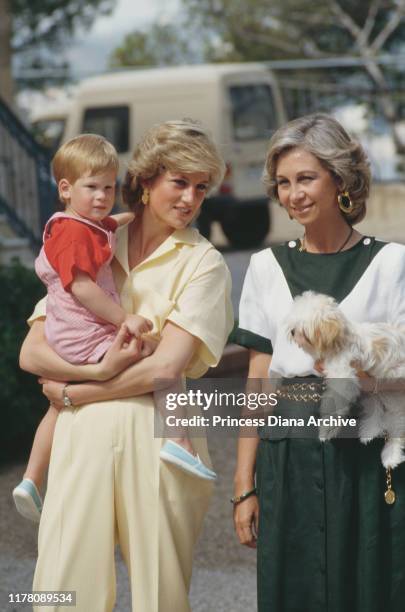 Diana, Princess of Wales and her son Prince Harry with Queen Sofia of Spain during a holiday with the Spanish royal family at the Marivent Palace in...