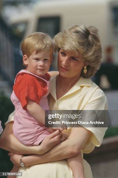 Diana, Princess of Wales with her son Prince Harry during a holiday with the Spanish royal family at the Marivent Palace in Palma de Mallorca, Spain,...