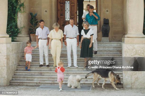 Diana, Princess of Wales and Prince Charles and their sons William and Harry on holiday with the Spanish royal family at the Marivent Palace in Palma...