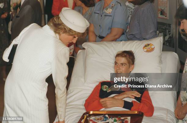 Diana, Princess of Wales visits a children's hospital in Melbourne, Australia, October 1985.