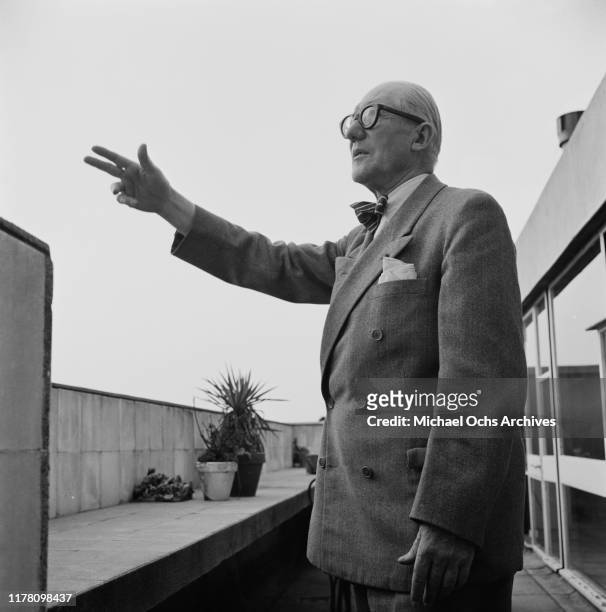 Swiss-French architect and designer Charles-Édouard Jeanneret, aka Le Corbusier during a portrait shoot by Armenian-Canadian photographer Yousuf...