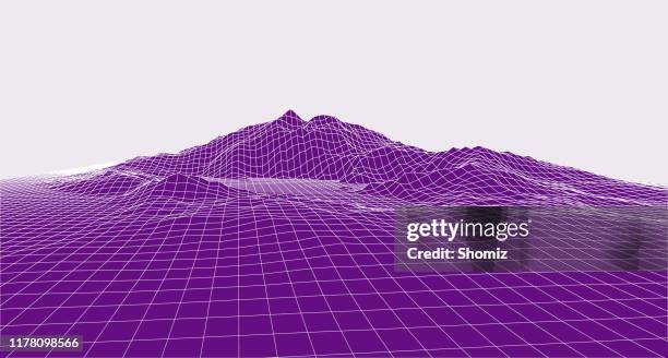 abstrakte vektor-landschaft hintergrund. cyberspace-raster. 3d-technologievektor - stereoskopische photographie stock-grafiken, -clipart, -cartoons und -symbole