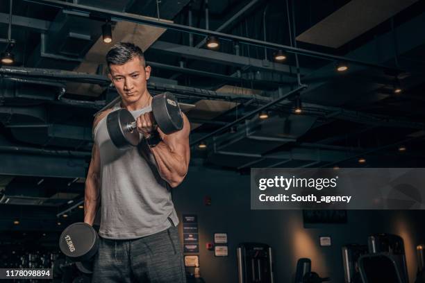 適合中國男人在健身房用啞鈴練習 - 舉重訓練 個照片及圖片檔