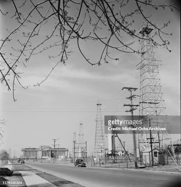 British-American Oil Producing Company oil derricks in the grounds of the Oklahoma State Capitol in Oklahoma City, USA, 1939. The State Capitol is in...
