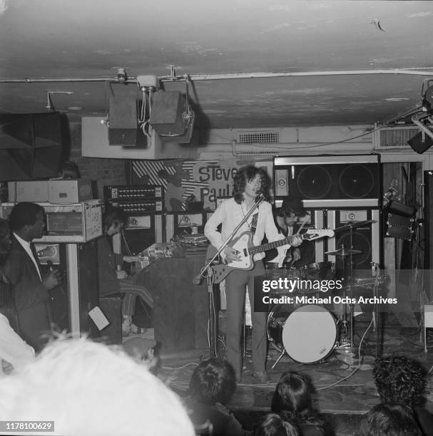 British rock band Traffic perform at Steve Paul's nightclub The Scene in New York City, 1968. From left to right, they are Chris Wood on keyboard,...