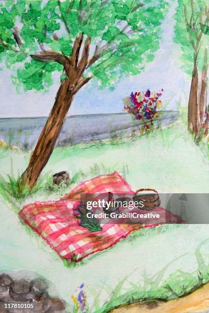 picnic in the park watercolor of summer romance - picnic illustration stock illustrations