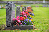 Row of grave stones with beautiful and colorful flowers
