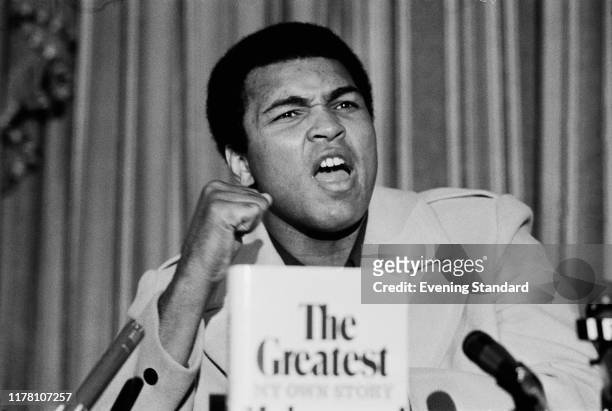 American professional boxer, activist, and philanthropist Muhammad Ali at a press conference presenting his new autobiographical book 'The Greatest:...