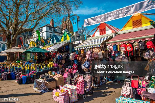 Colorful market stalls of Norwich city market. Norfolk, East Anglia, England, UK.