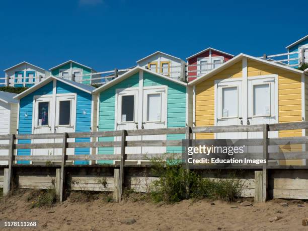 Beach huts on Summerleaze beach, Bude, Cornwall, UK.
