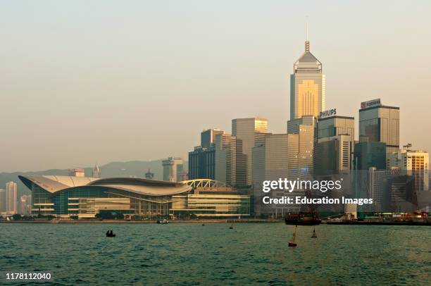 Evening shot of the skyscrapers on Hong Kong Island with the Hong Kong Convention and Exhibition Centre, HKCEC, Hong Kong.