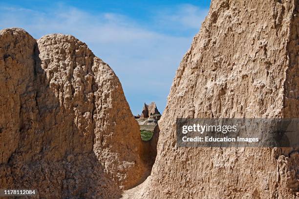 View along trail through eroded spires in Badlands National Park in South Dakota.