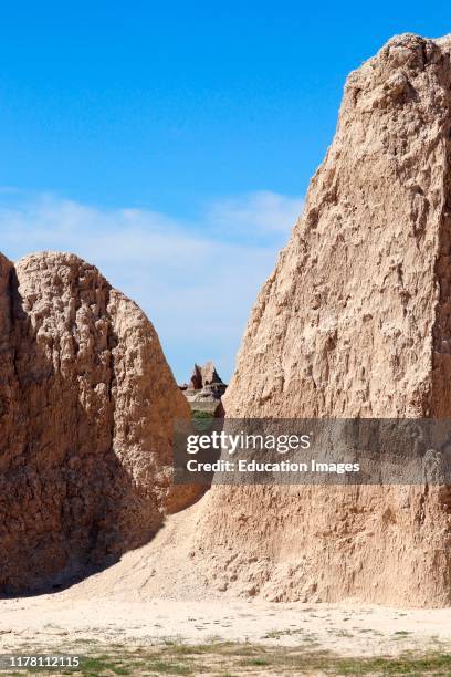 View along trail through eroded spires in Badlands National Park in South Dakota.
