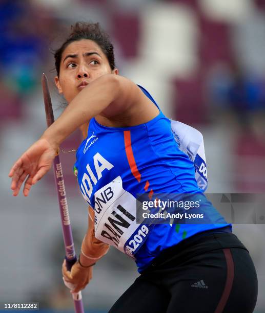 Annu Rani of India competes in the Women's Javelin qualification during day four of 17th IAAF World Athletics Championships Doha 2019 at Khalifa...