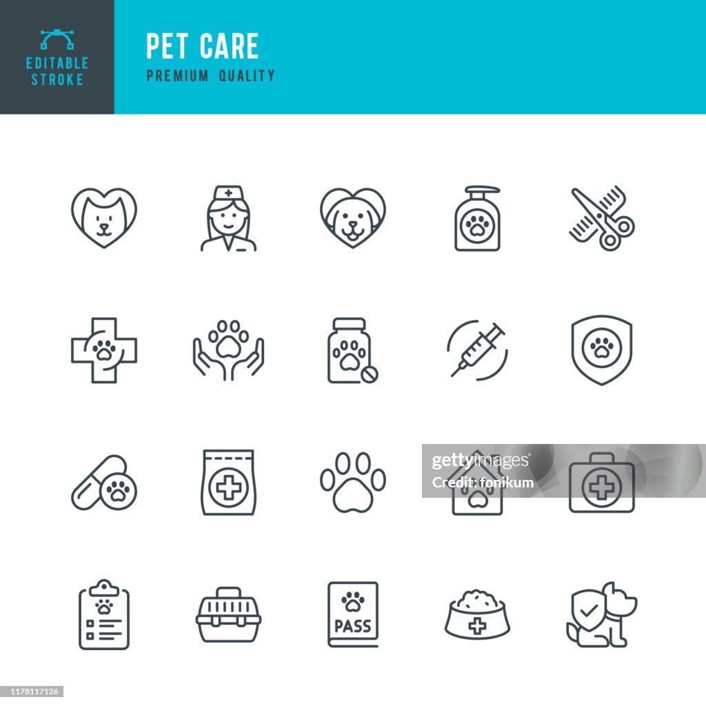 PET CARE - ensemble d'icônes vectorielles minces. Accident vasculaire cérébral modifiable. Pixel Parfait. L'ensemble contient des icônes telles que Pets, Dog, Cat, Doctor, Veterinarian, Grooming, Pet Food.