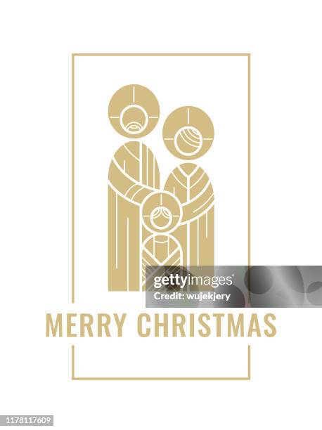 heilige familie, jesus als kind mit maria und josef - lineare illustration, ikone - holy family jesus mary and joseph stock-grafiken, -clipart, -cartoons und -symbole